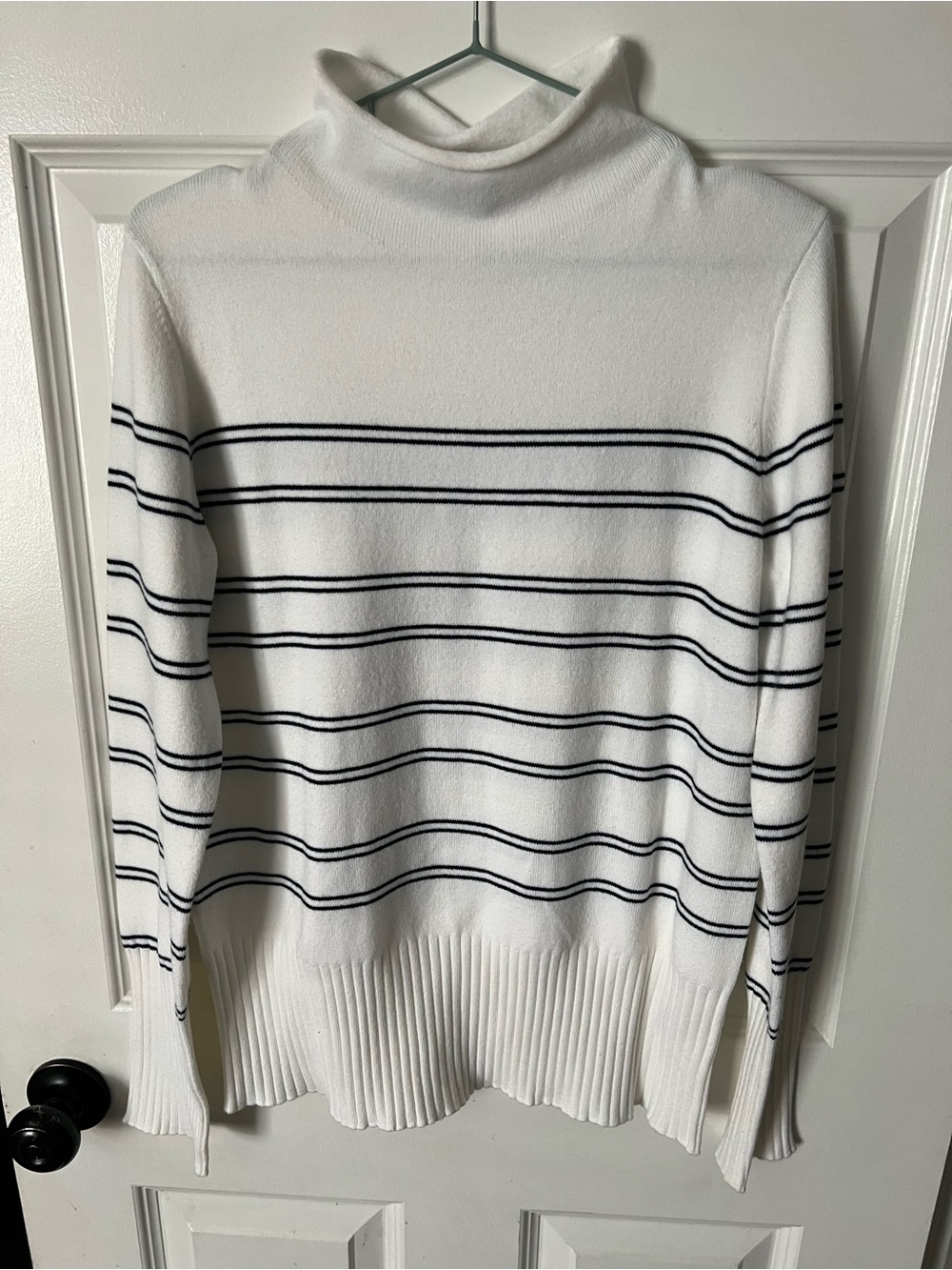 French Connection White Turtleneck Sweater with Black Stripes